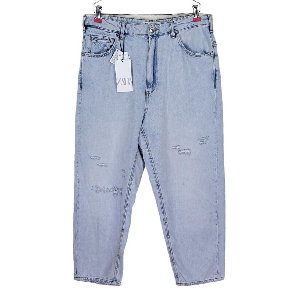 Zara Cropped Jeans Women Size 31 34X25 Relaxed Baggy Distressed Light Wash New